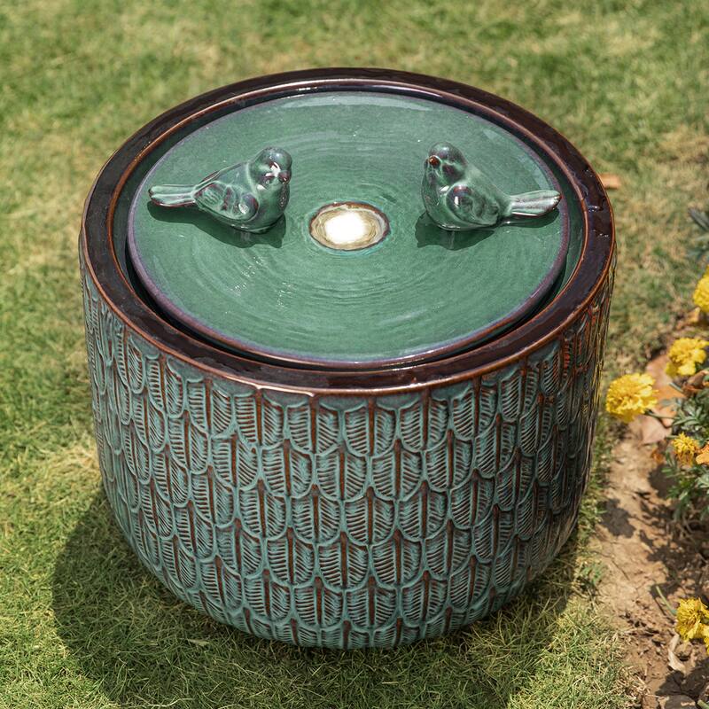 Glitzhome 15"H LED Ceramic Birdbath Outdoor Fountain with Two Birds & Leaf Pattern