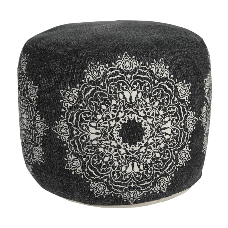 18 Inch Black Cotton Pouf Ottoman with Floral Medallion Pattern