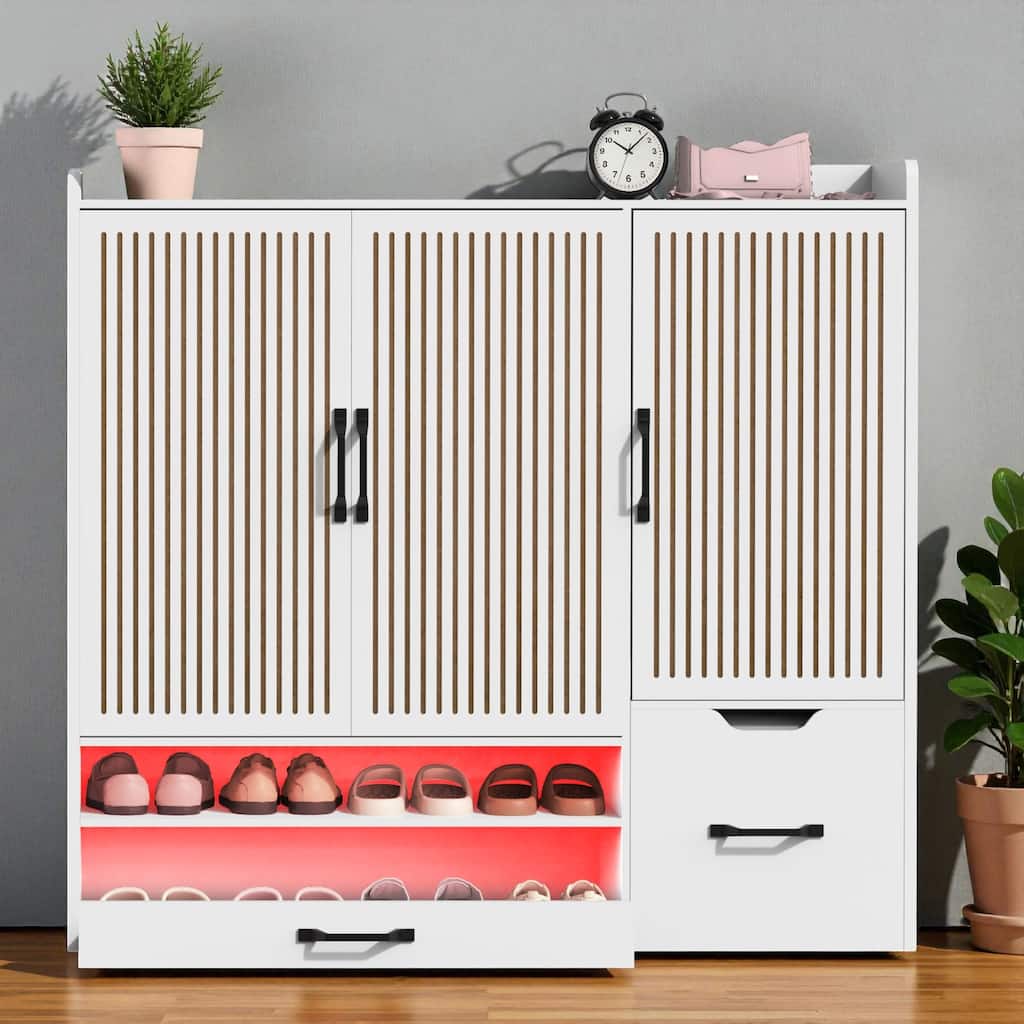 Modern Shoe Storage Cabinet with Stool, Adjustable Shelves & Pull-Out Drawer, Space-Saving Organizer for Entryway