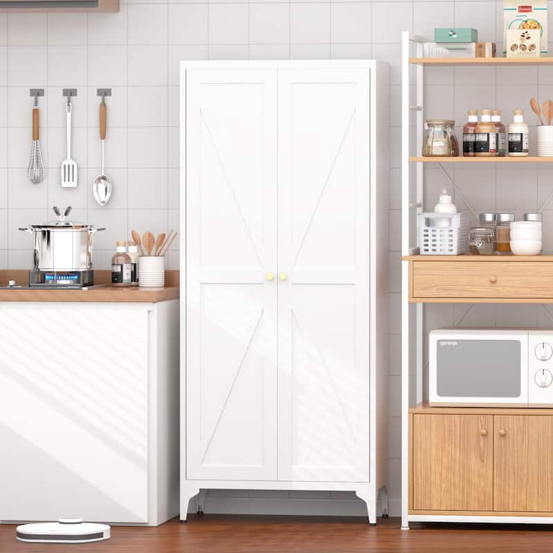 2 Doors Metal Storage Cabinet Kitchen Pantry Cabinet With Adjustable Shelves Tall Steel Cabinet Locker