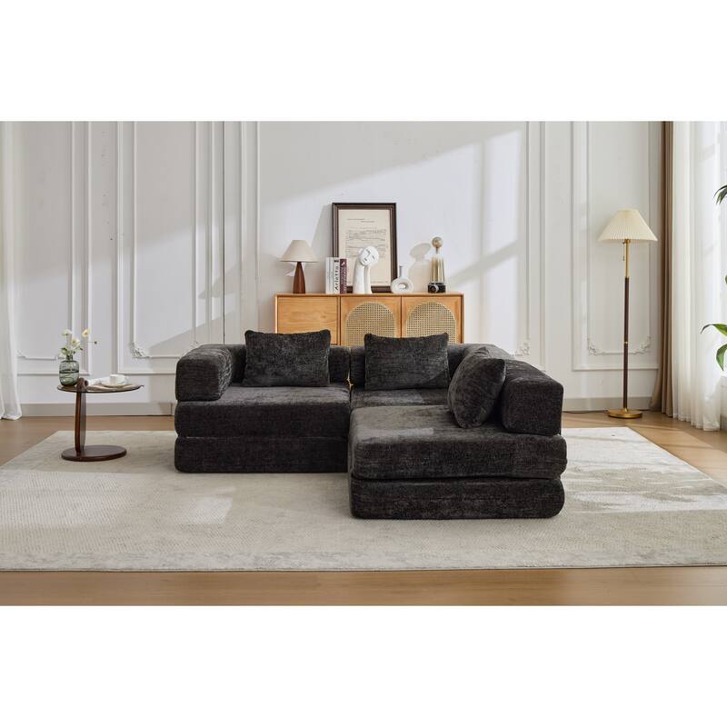 Chenille Fabric Compression Sofa, Boneless Modular Sectional Sofa, Convertible Floor Sofa Bed with Fixed-Shape Frame