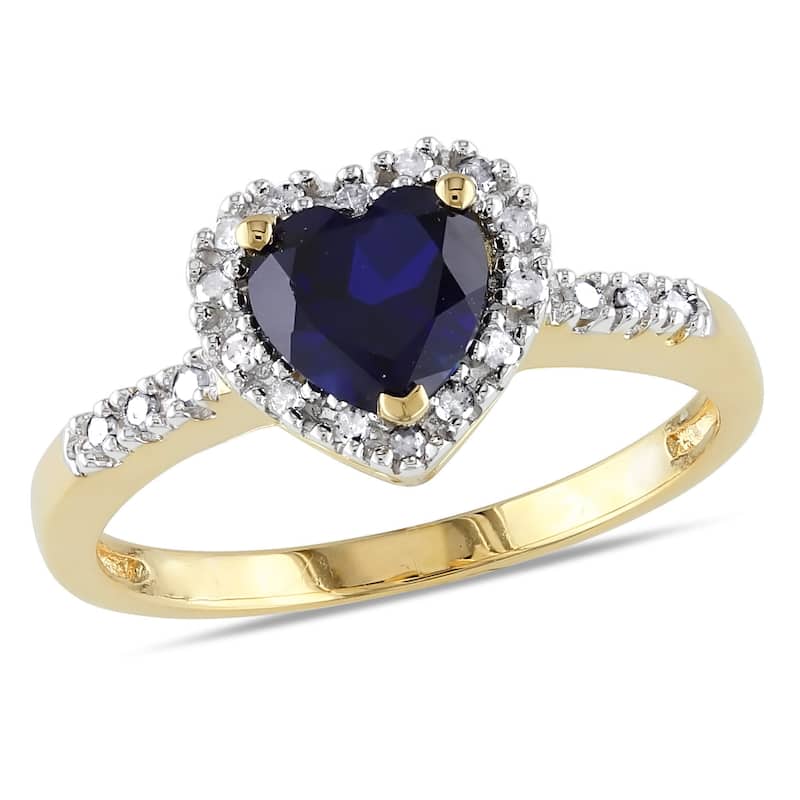 Miadora 1/10ct TW Diamond 7/8ct TGW Created Blue Sapphire Heart Ring in Yellow Plated Sterling Silver