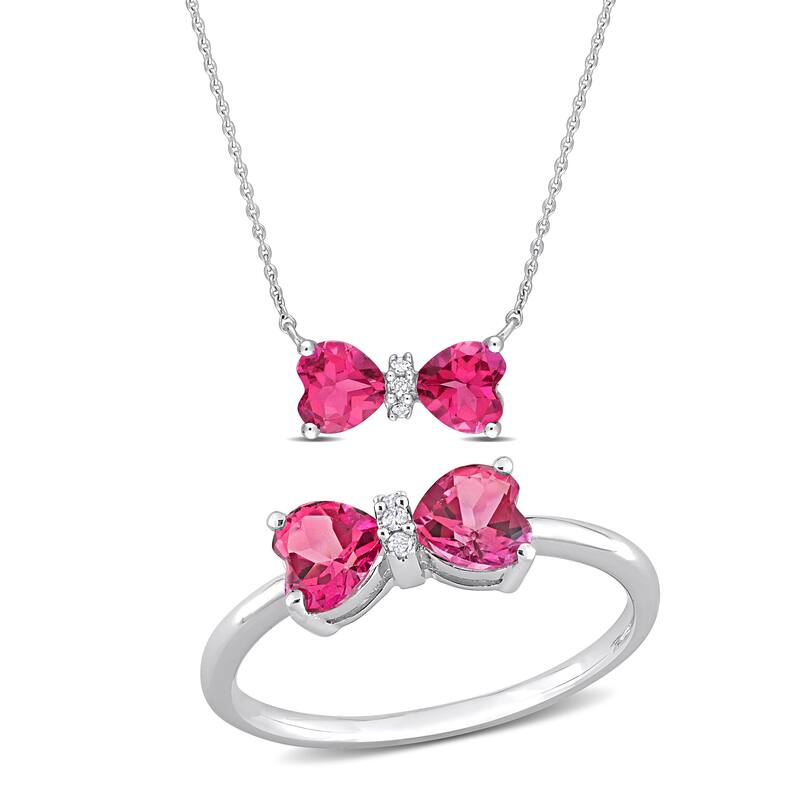 Miadora 2-1/10ct TGW Heart Pink Topaz Diamond Accent 2-Piece Bow Necklace Ring Set 10k White Gold