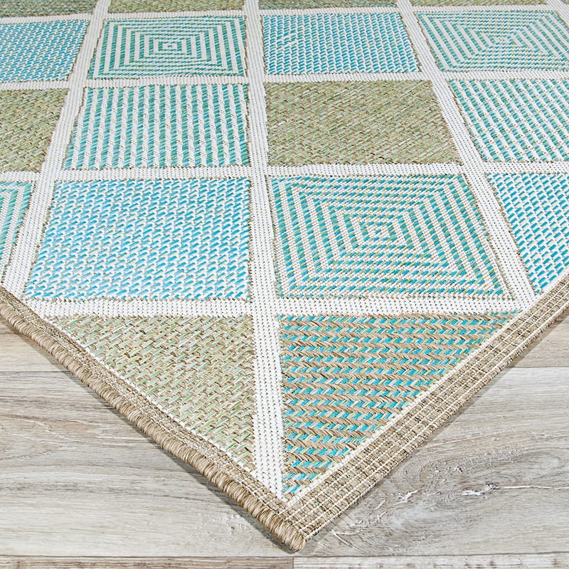 Dream Decor Rugs Samantha Dustin Beige Aqua Blue Outdoor Area Rug