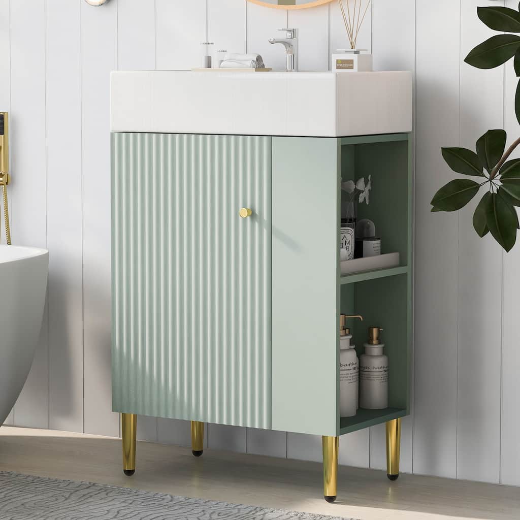 21.6-Inch Green Bathroom Vanity with Ceramic Undermount Sink, Soft-Close Door, and Side Storage Cabinet - 12.2in L Ceramic+MDF