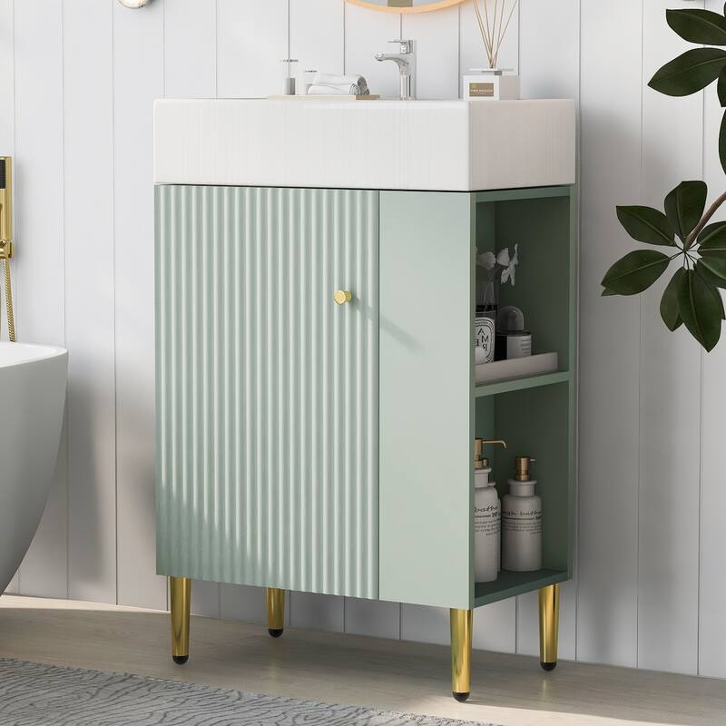 GDFStudio - Aria Modern Bathroom Vanity Combo Cabinet with Single Ceramic Sink - 21.6" Freestanding+Right side storage - Green