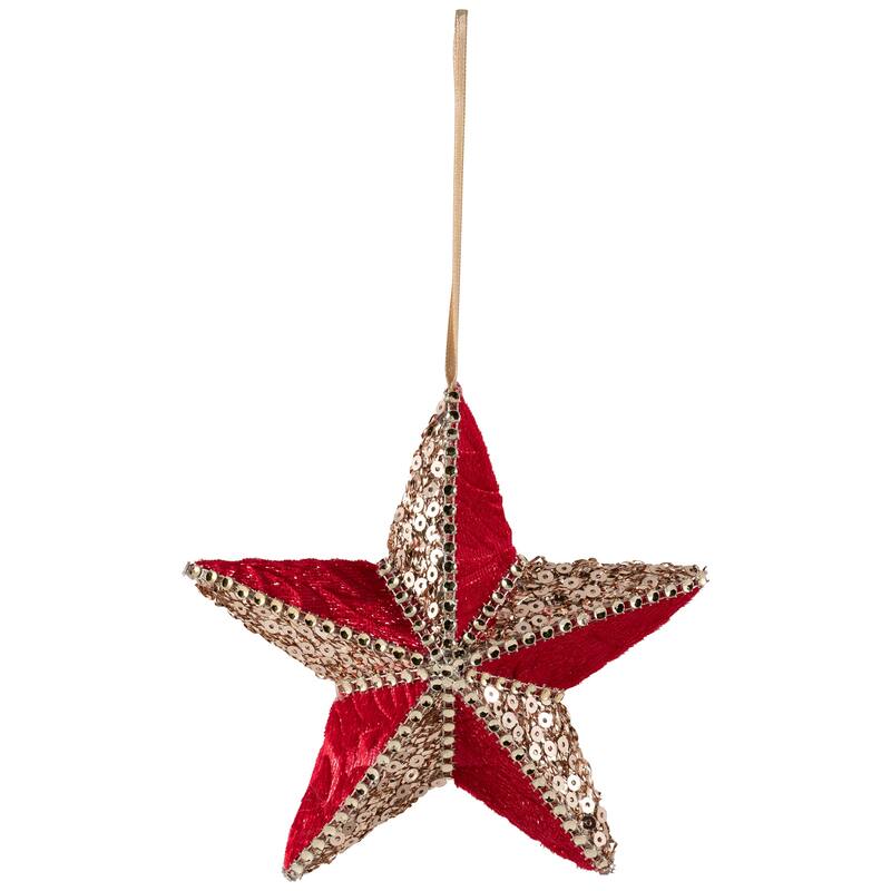 Sequined and Velveteen 5-Point Star Christmas Ornament - 6" - Gold and Red