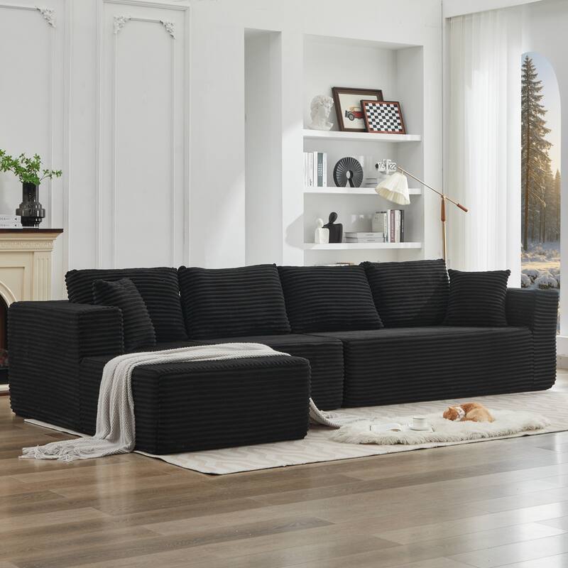 106" L-Shape Chaise Sectional Sofa, Deep Seat, No Assembly, Black Corduroy