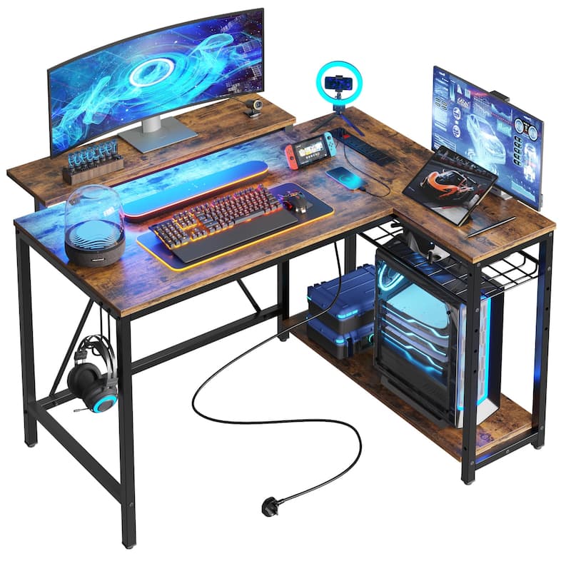 Bestier 42" Gaming Desk with Power Outlets, L-Shaped Desk with LED Lights and Reversible - Brown