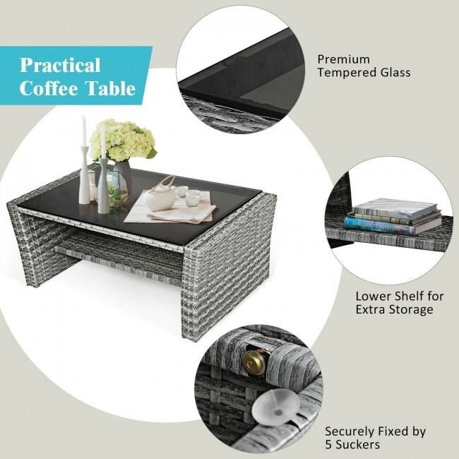 4 Pieces Patio Rattan Furniture Set Sofa Table with Storage Shelf Cushion - 48.5" x 26.5" x 30" (L x W x H)