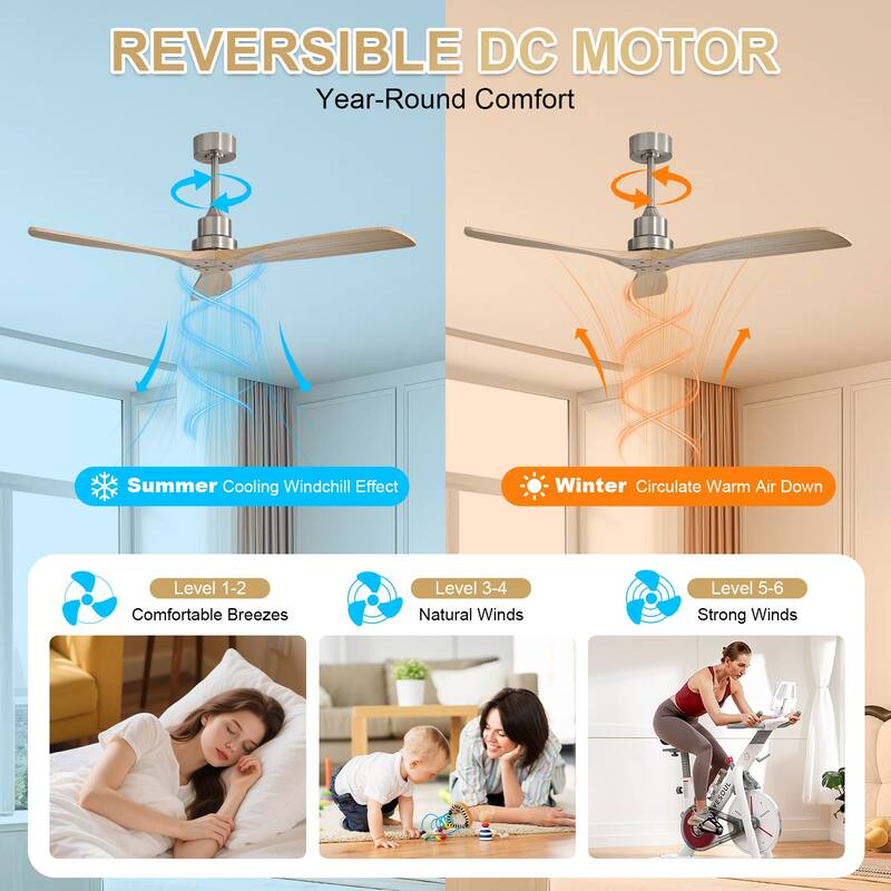 Sofucor 48/52 Inch Ceiling Fan with Light, Solid Wood Blades for Living Room, Bedroom,Smart Optional