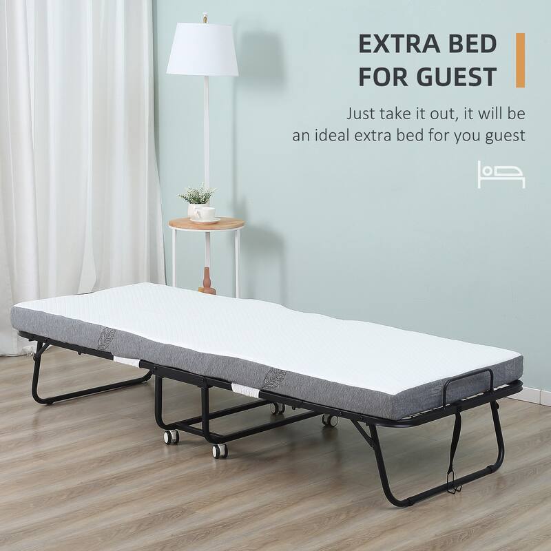 Folding Guest Bed with Padded Mattress and Metal Frame, Space-Saving Portable Bed with Wheels