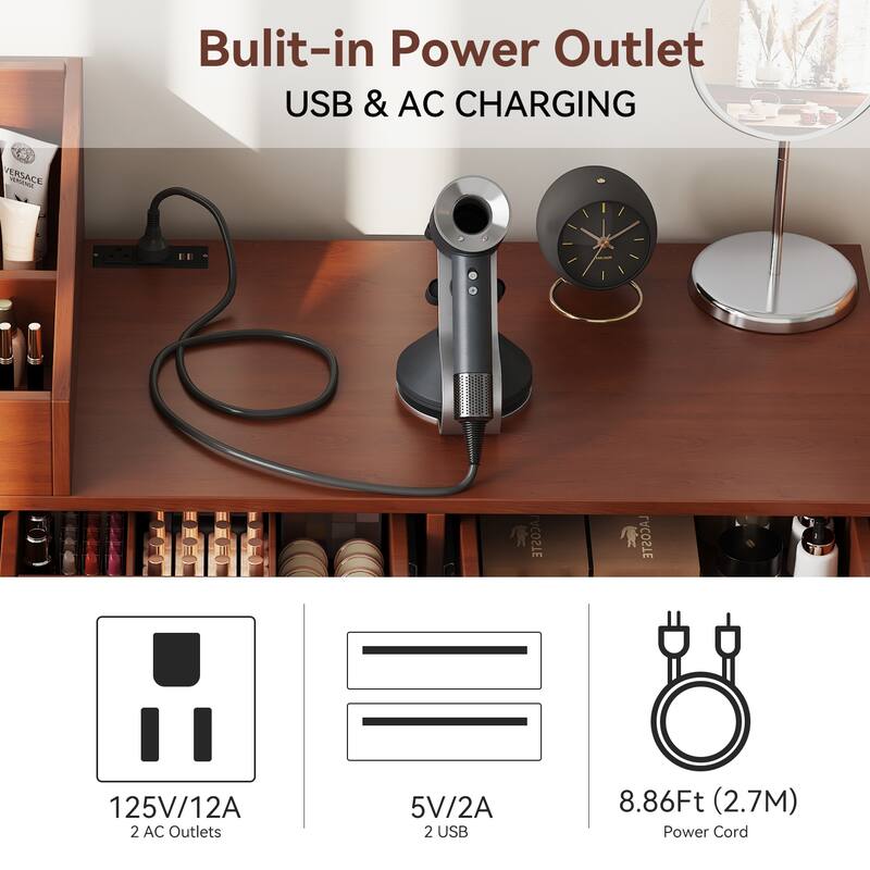 Space-saving Makeup Vanity Desk with Outlets and USB Ports, Bedroom Dressing Table Set with Stool