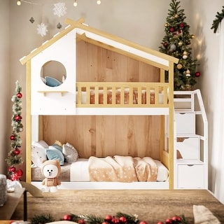 Twin-Over-Twin Bunk Bed with GuardRail, Natural Bed+White Stair
