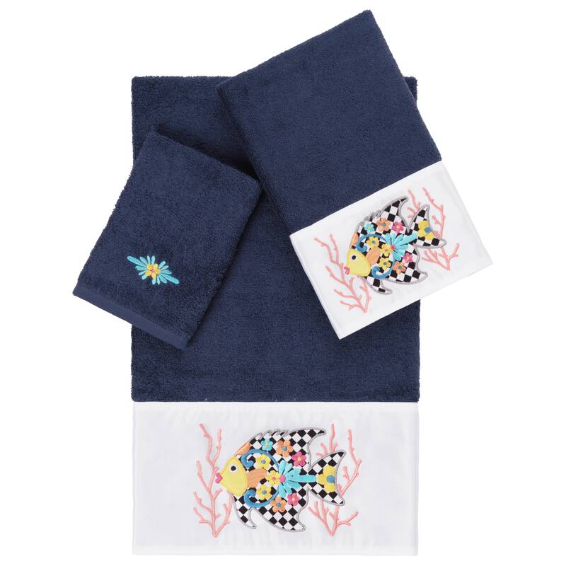 Authentic Hotel and Spa 100% Turkish Cotton Feliz 3PC Embellished Towel Set - Midnight Blue