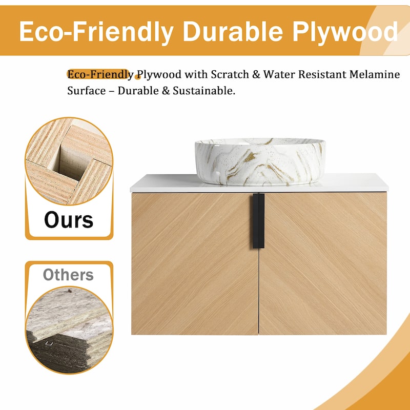 Malwee 30"/36" Floating Bathroom Vanity, Wall Mounted Bathroom Vanity with Ceramic Sink and Soft Close Door