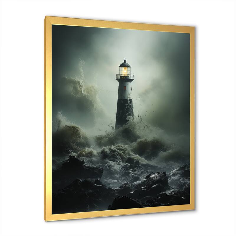 Designart "Lighthouse Battling The Stormy Waves I" Factories Framed Canvas Art Print