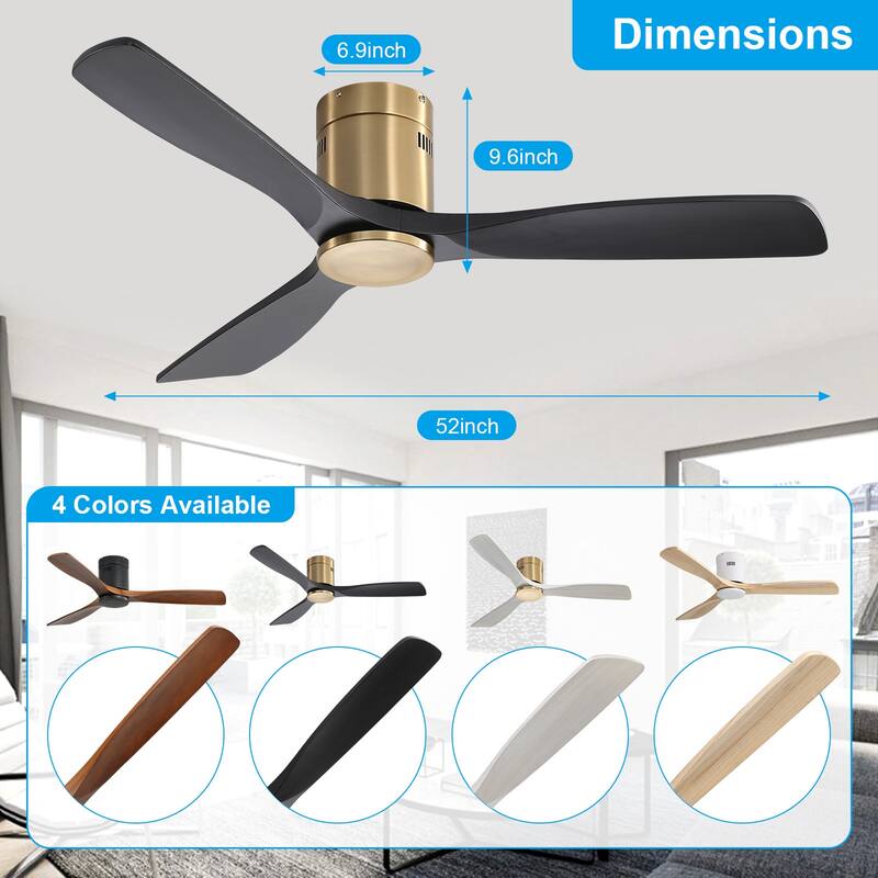 Sofucor 52 Inch Solid Wood Flush Mount Indoor Ceiling Fan without Light,Remote Control,Smart Optional