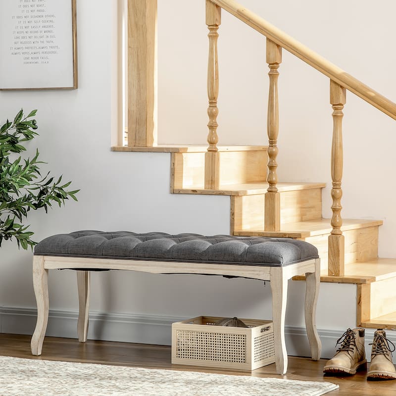 HOMCOM 43" Upholstered Entryway Bench, Linen Fabric Ottoman Stool - Grey