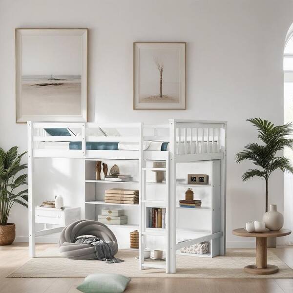 slide 2 of 22, Space Saving Design Twin Size Loft Bed with 8 Open Storage Shelves and Built-in Ladder White
