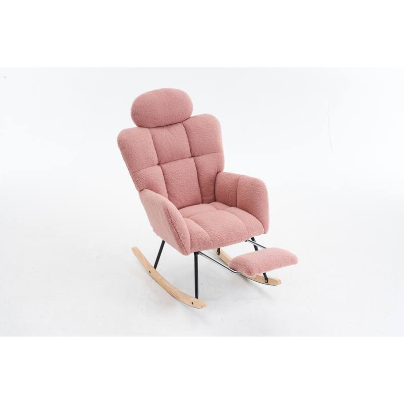 Teddy Fabric Upholstered Modern Nursery Rocking Chair with Footrest & High Backrest