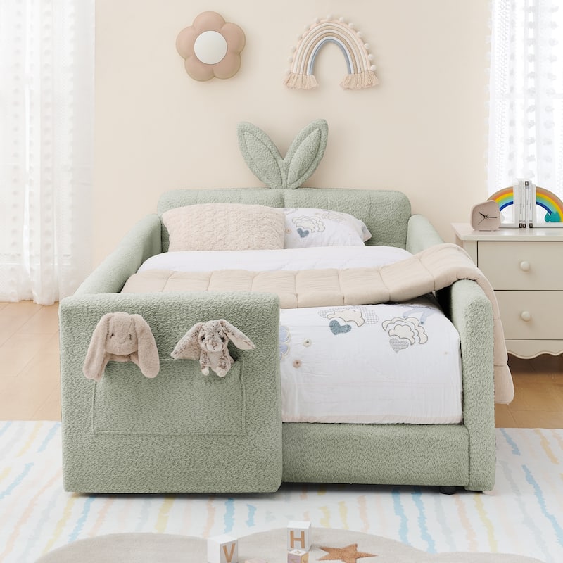 Upholstered Platform Bed with Safety Rail Pocket and RabbitEar Platform Bed w/Skin-friendly Boucle Wood Slat Support Bed Frame