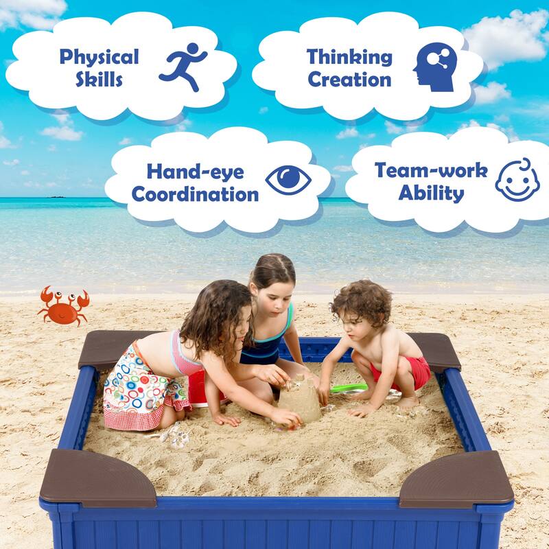 Gymax Kids Outdoor Sandbox 48.5'' x 48.5'' x 12.5'' Large HDPE Sandpit