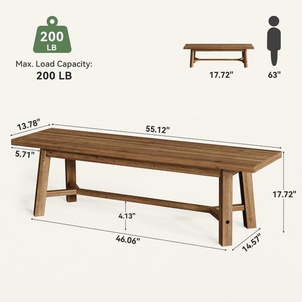 dimension image slide 1 of 2, 55'' Solid Wood Dining Bench, Farmhouse Long Bench for Kitchen Entryway