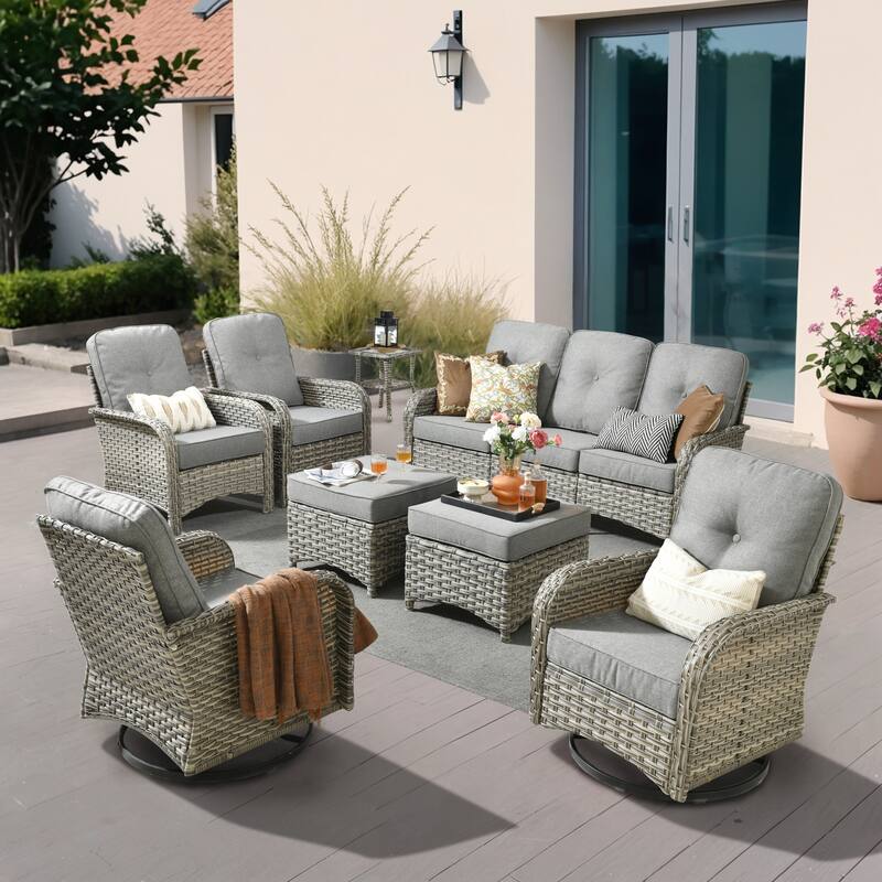 OVIOS 8-piece Patio Wicker Conversation Furniture Set With ottomans - DarkGrey