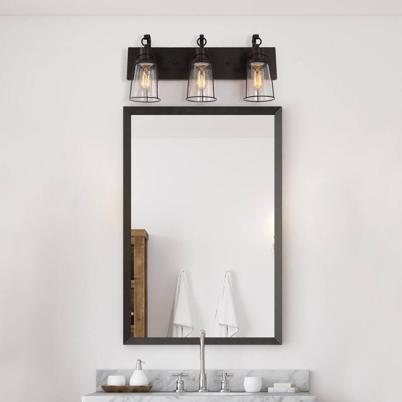Farmhouse 3-Light Bronze Bathroom Vanity Lights Metal Cage Wall Sconces with Seeded Glass - 22" L x 6" W x 10" H