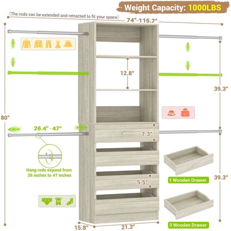 Modular Closet System Wardrobe Organizer 4 Adjustable Hanging Rods + 4 Wooden Drawers, Space-Saving for 4-9Ft Closets