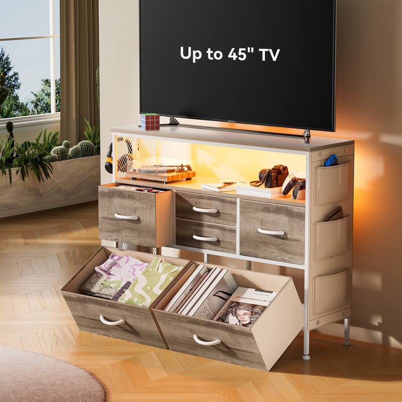 Dresser for Bedroom TV Stand with Power Outlets and LED Light, 6 Dresser with Shelves for 45" TV, PU Finish