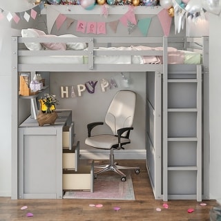 Elegant Full size Loft Bed with Drawers, Desk and Wardrobe, Health and Comfort, Sturdy Construction & Safety Guaranteed, Grey