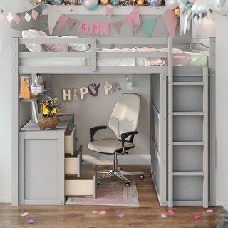 Full size Loft Bed with Drawers, Desk and Wardrobe, Space-saving, Grey