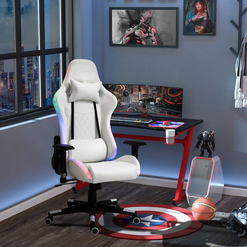 Vinsetto Gaming Chair with RGB LED Light, 2D Arm, Lumbar Support, Swivel Home Office Computer Recliner - 26.75" x 26.75" x 53.5" - White