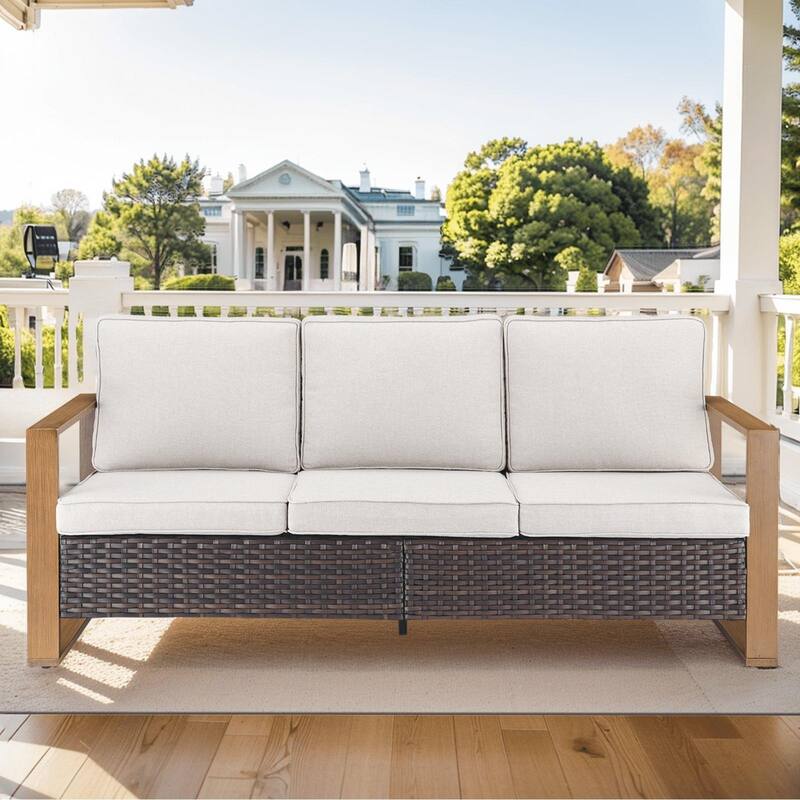 High Back Outdoor Furniture with Thick Cushion - Brwon Wicker Beige Cushion - 1PC 3-Seat Sofa