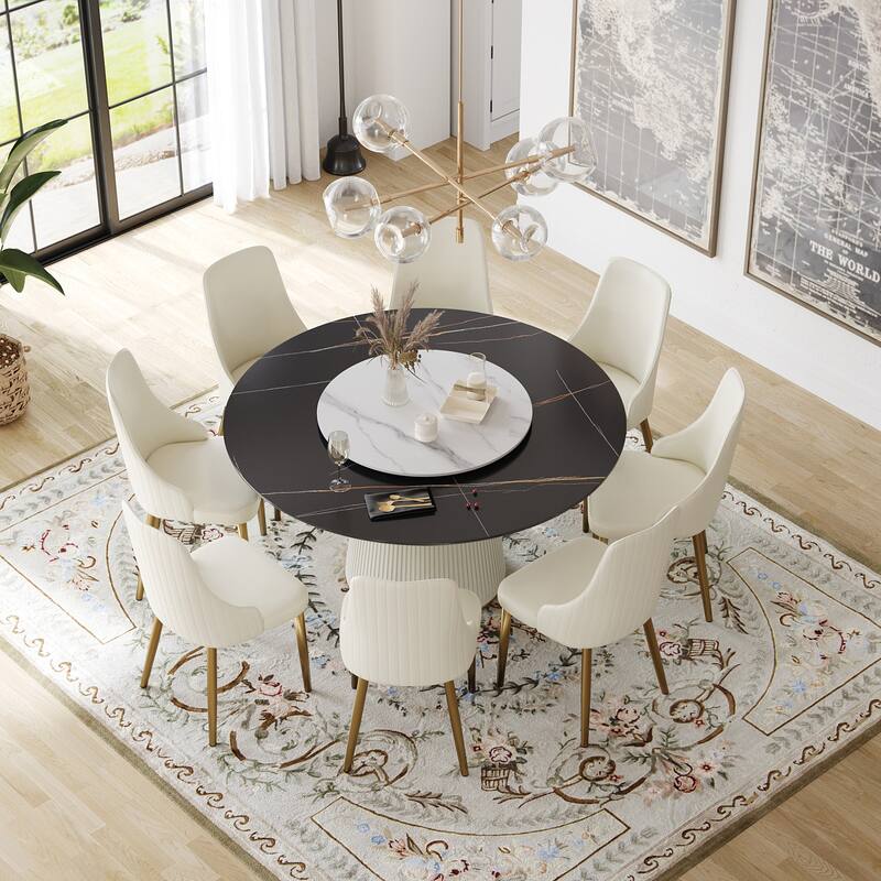 59'' Modern Round Dining Table for 8, Black Sintered Stone Tabletop with Lazy Susan - Black&White Lazy Susan