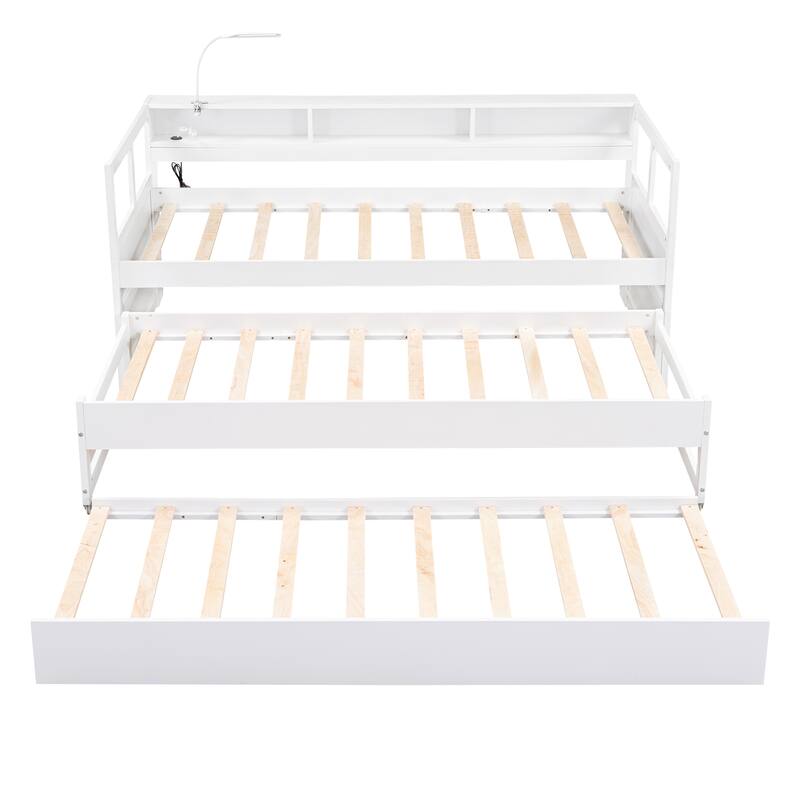 Twin XL Wood Daybed with Trundles, Storage, USB Charging, and Light, White