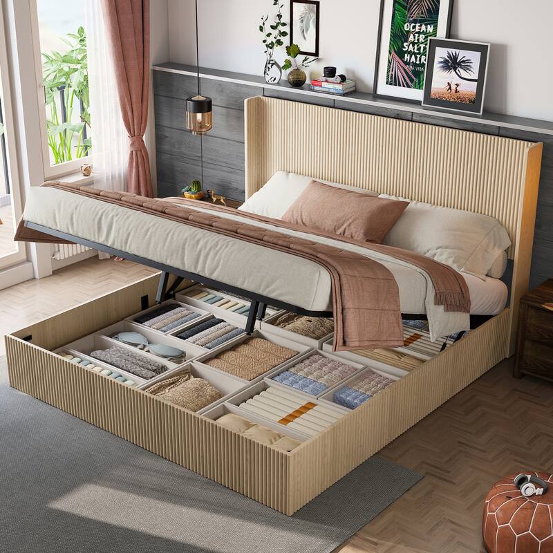 Lift Up Storage Bed Frame Undulating Hydraulic Platform Bed Frame with Wingback Headboard, No Box Spring Needed, Noise Free,Oak - Oak - King