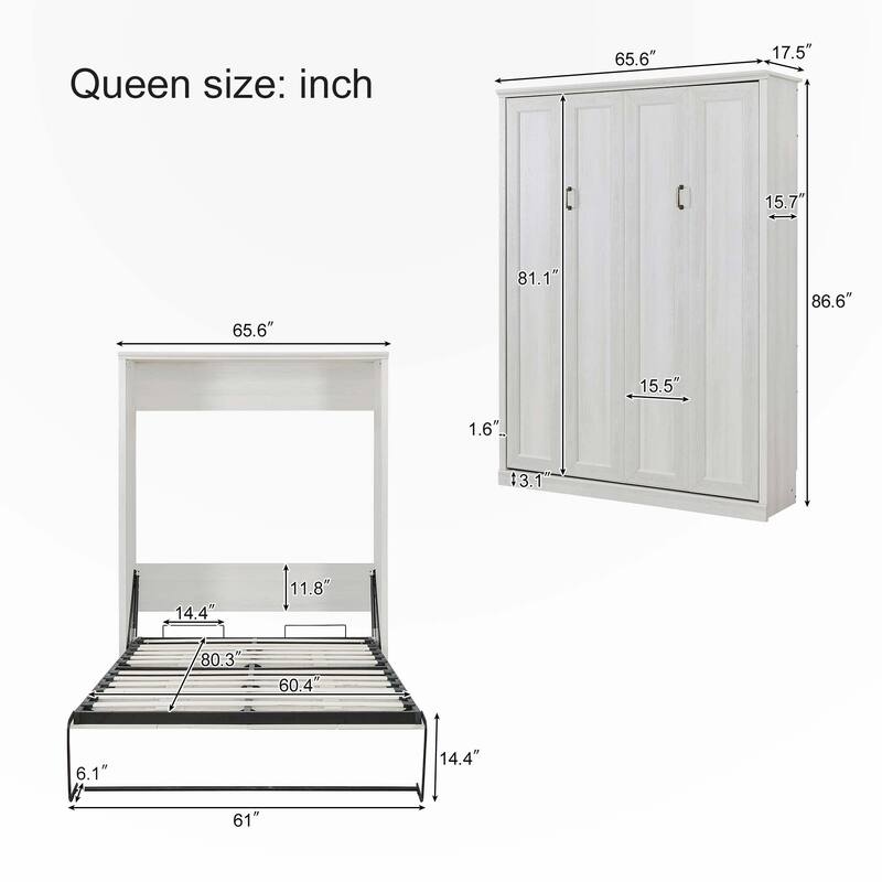Queen Size Murphy Wall Bed with 1 Side Cabinet Storage Shelf