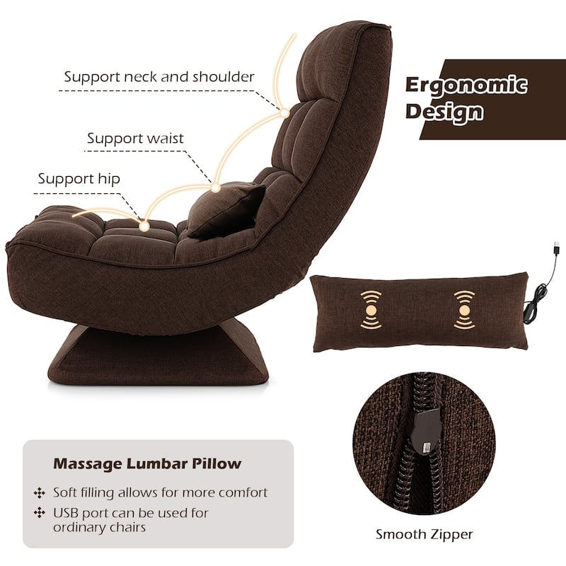 Polyester Swivel Floor Chair with 5-Position Adjustable Recline and Lumbar Pillow