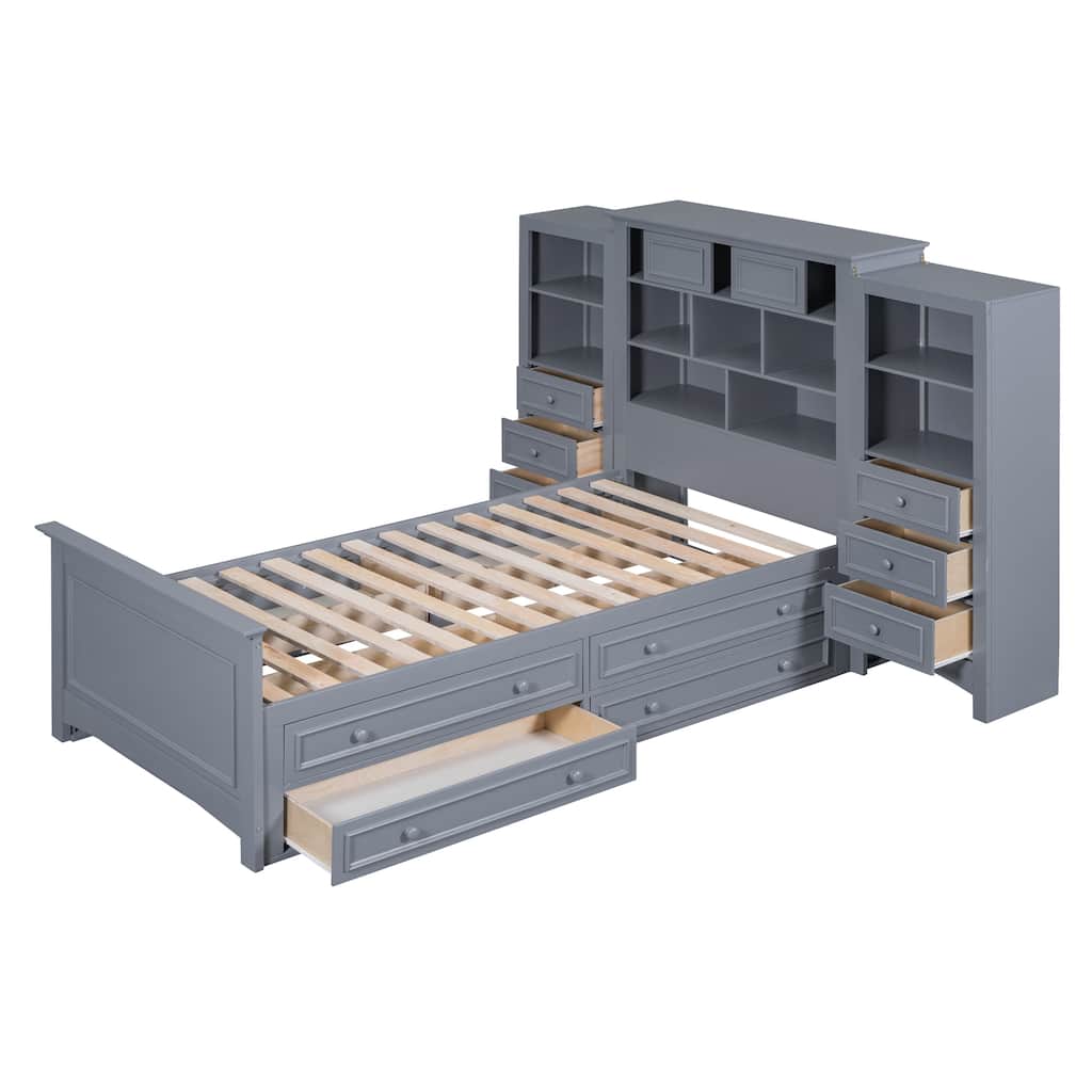Twin Size Wood Platformbed With Vertical All-In-One Cabinet And 4 Drawers On Each Side