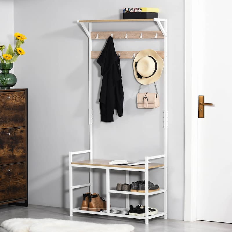 HOMCOM Hallway Tree Bench Organizer with 9 Coat Hooks, Large Sitting Bench and 3 Open Shelves for Entryway - White