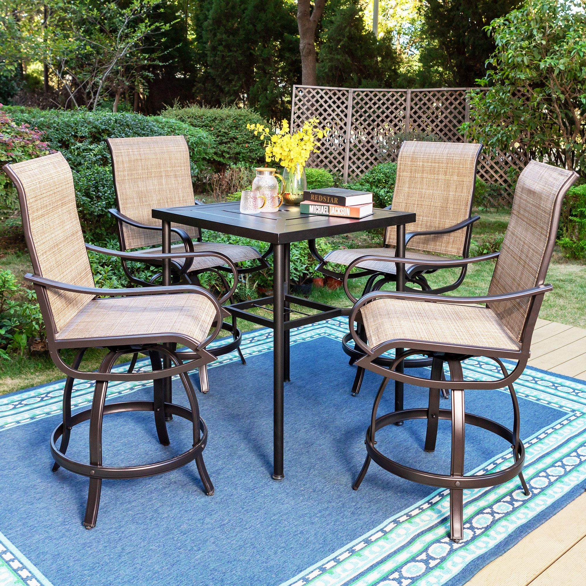 MAISON ARTS 3/5 Pieces Patio Bar Stool Set of Metal Coffee Table & Textilene Swivel High Bar Stools