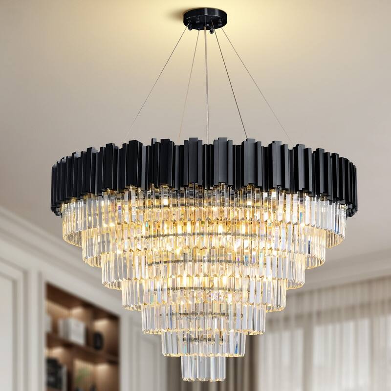 KAYLA Large Crystal Chandelier - 35.4"Modern 6-Tier 17-Light Chrome Ceiling Light, Luxury K9 Crystal - 39in - Black