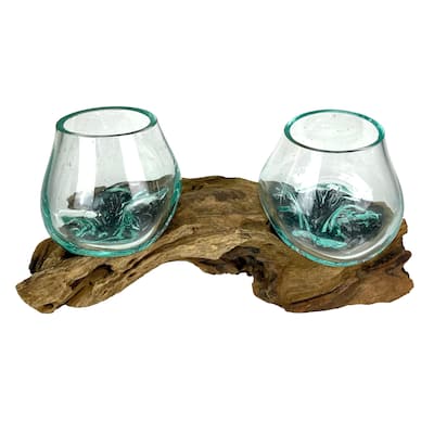 10.5" Double Molten Glass Bowls On Driftwood Hand Blown Planter