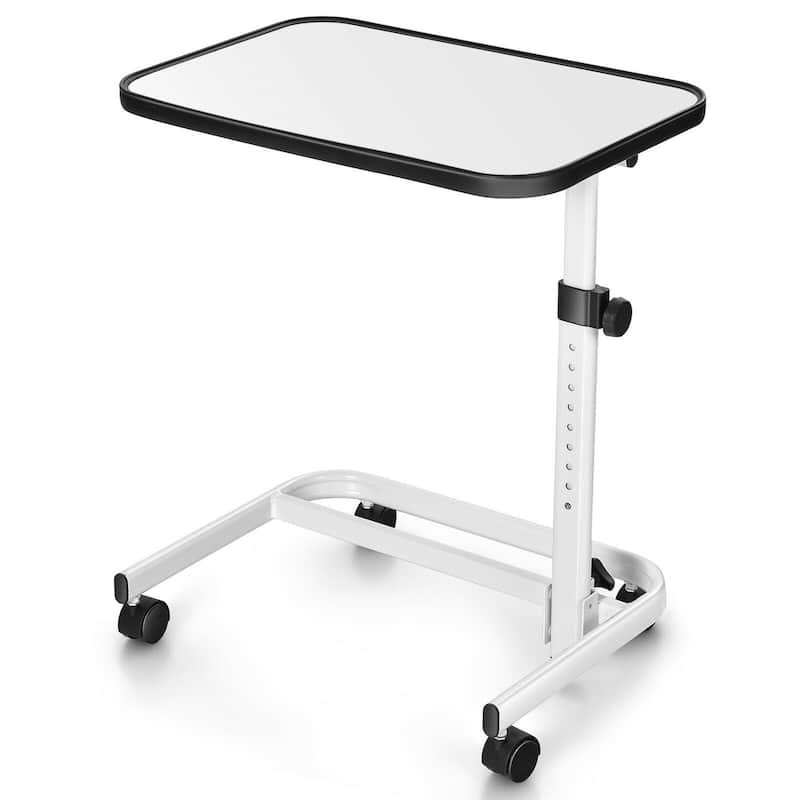 Gymax Overbed Bedside Table Universal Wheels Adjustable Tilt Top - White - Plastic
