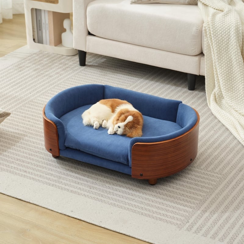 Scandinavian Velvet Pet Sofa with Wood Legs & Curved Back - Medium