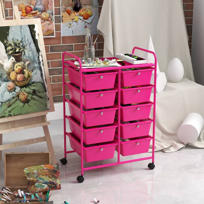 Gymax 10-Drawer Storage Cart Utility Rolling Trolley Kitchen Organizer