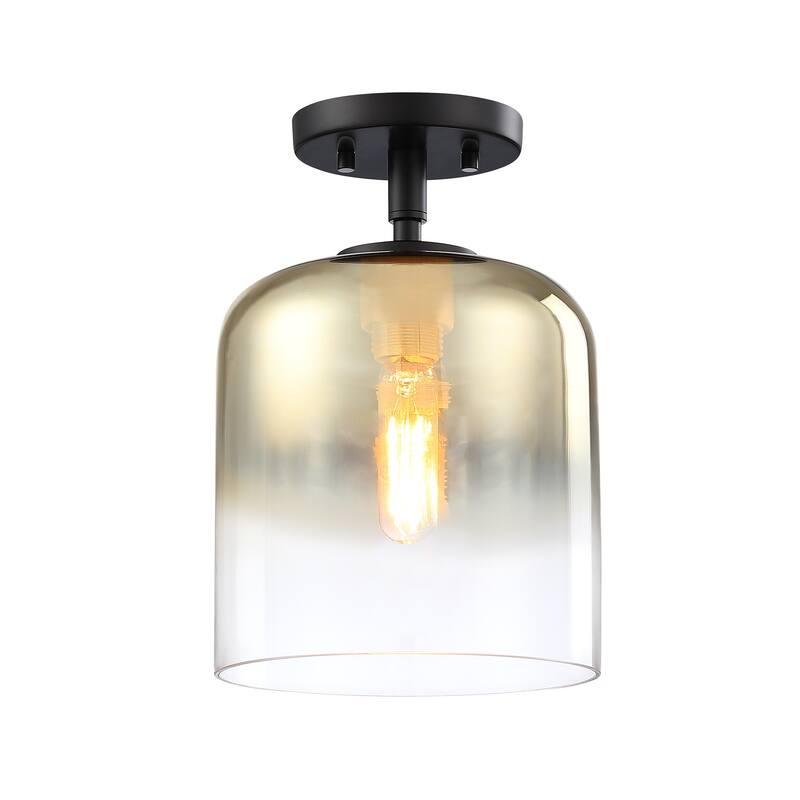 Gatsby 8.5 in. 1-Light Matte Black Mid-Century Modern Semi Flush Mount with Gold Ombre Shade for Bedrooms - 12.5